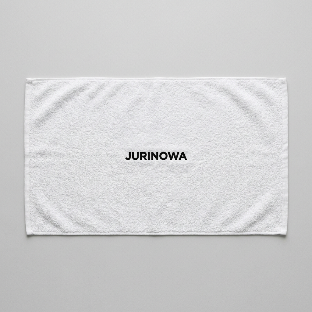 Белое хлопковое полотенце с небольшим чёрным логотипом JURINOWA по центру