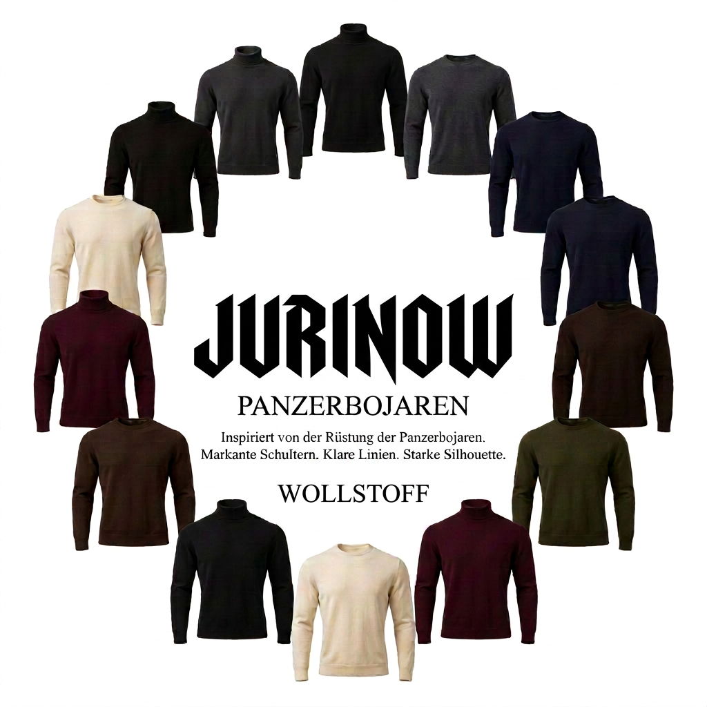 Pullover-Kollektion mit Gothic-Schriftzug JURINOW und Zusatz WOLLSTOFF
