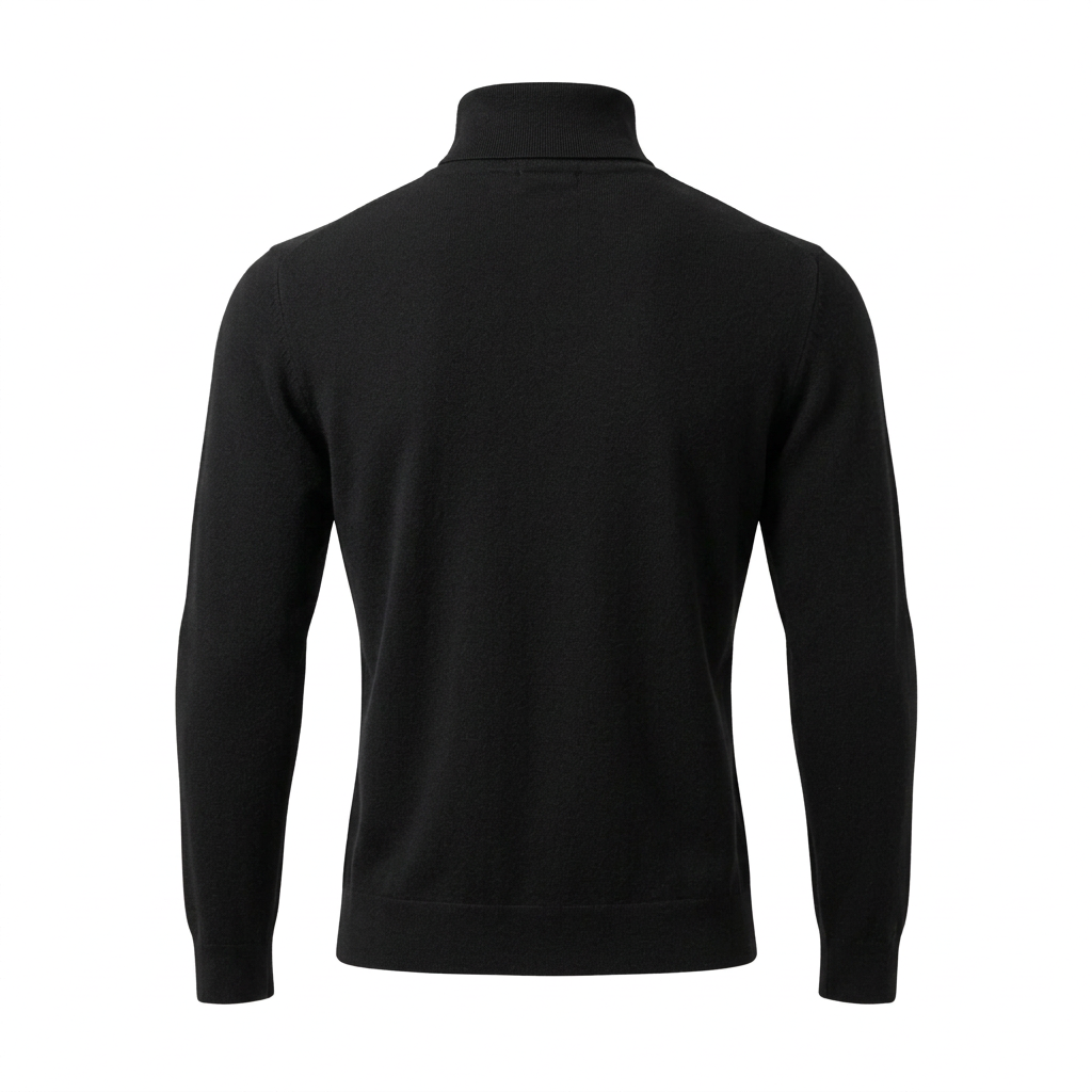 Rückansicht des schwarzen Herrenpullovers mit breiten Schultern und schmaler Taille